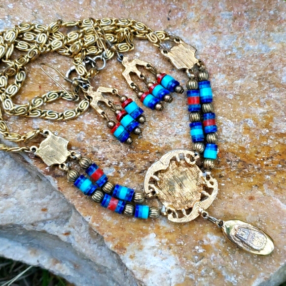 Vtg Egyptian Revival Pharoah Phoenix Necklace Set - Picture 10 of 13